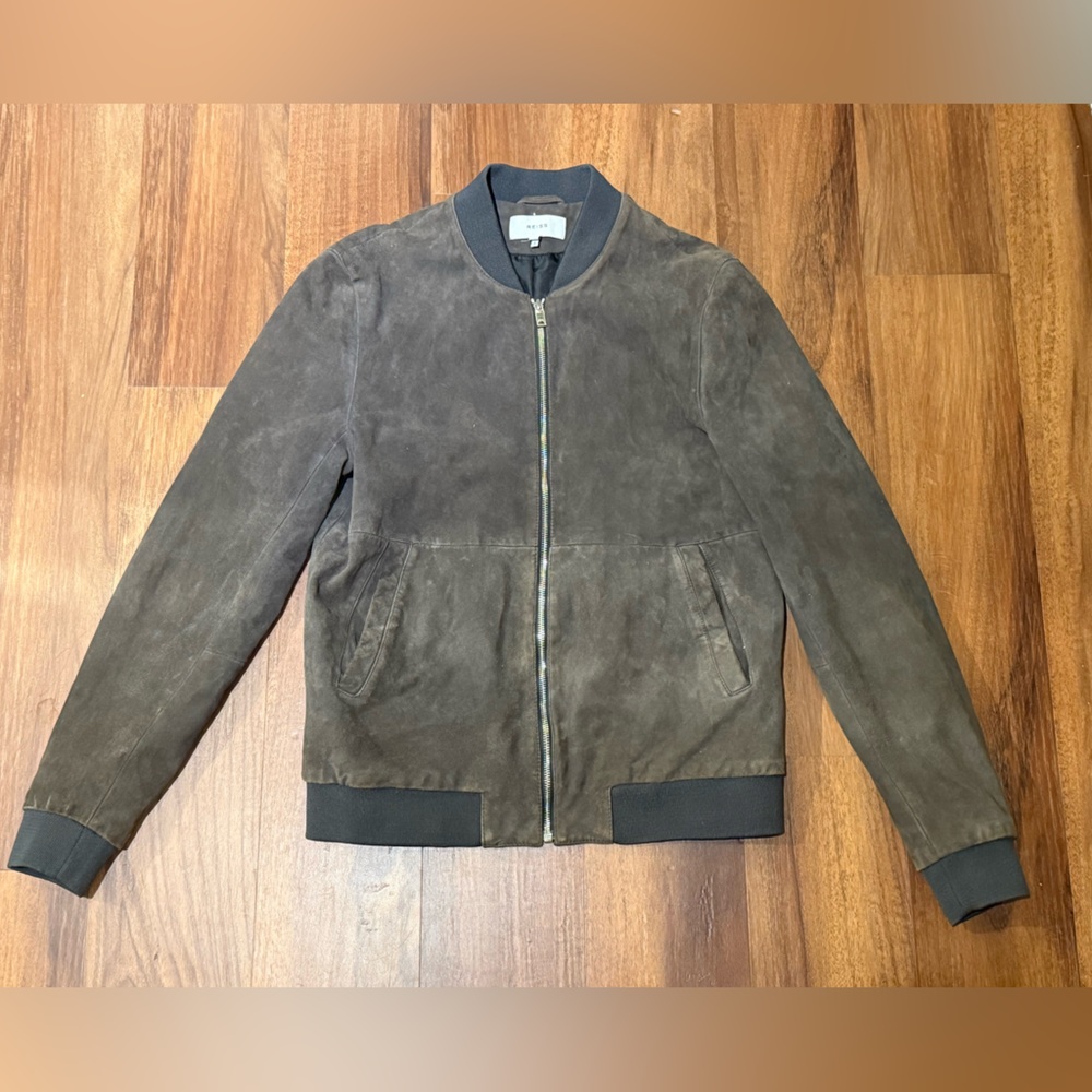 REISS 100% GOAT Leather Fitted Brown Bomber Jacket - Size Large